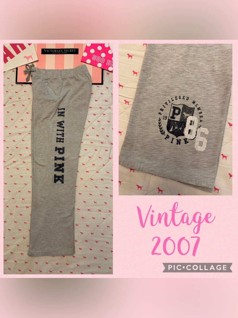 VS PINK VINTAGE Y2K WIDE LEG BOYFRIEND SWEATPANTS GRAY CREAT DOG PUP 86 LOGO HTF